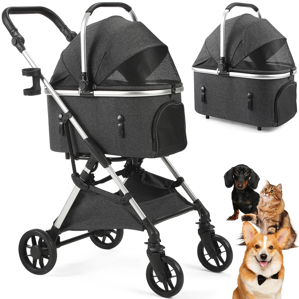 Pet Stroller with 4 Wheels Foldable Pet Travel Carrier for Small/Medium Dogs Cats up to 50lbs Detachble Portable Pet Storage Bag