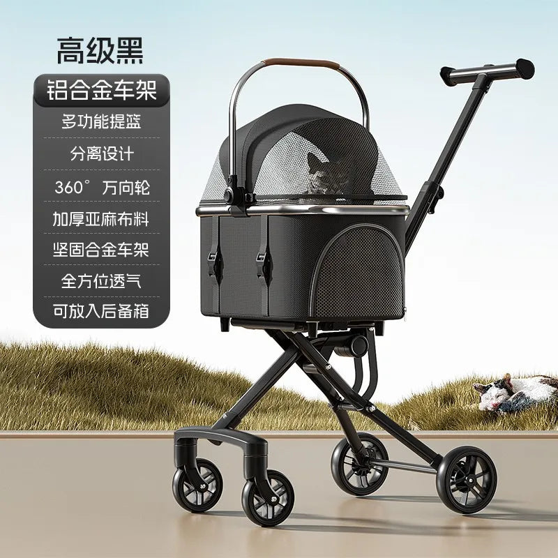 Pet Stroller with Detachable Carrier 360 Swivel Wheels Aluminum Alloy Frame and Breathable Foldable Travel Design
