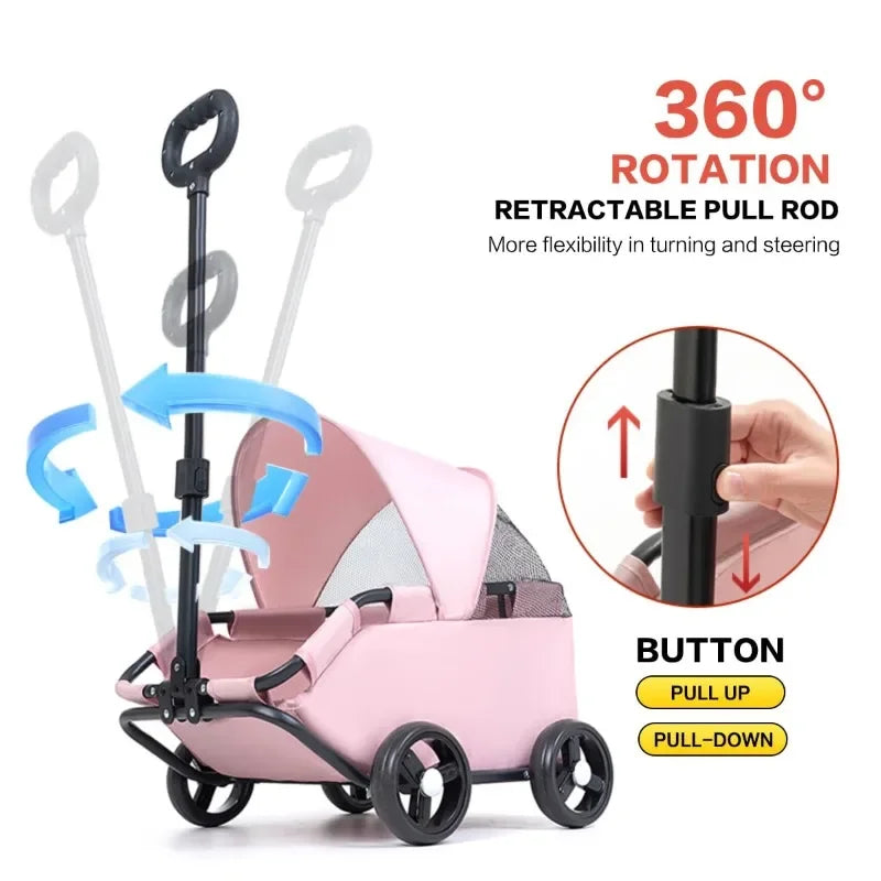 Pet Stroller with Sun Cover - Portable, Breathable, 4 Wheels, Travel Carrier for Small & Medium Pets
